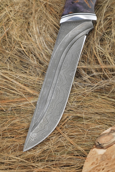 Knife Fighter Damascus valley, handle stabilized Karelian birch purple