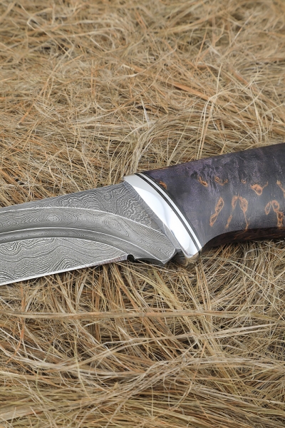 Knife Fighter Damascus valley, handle stabilized Karelian birch purple