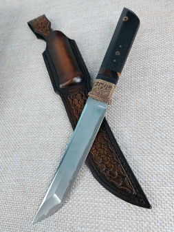 Нож Танто дамаск ламинированный, рукоять черный граб, кость мамонта, бронза, формованные ножны (распродажа)