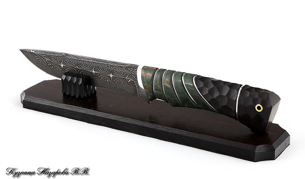 Нож Вепрь дамаск торцевой резная черный граб стабилизированная карельская береза (зеленая)