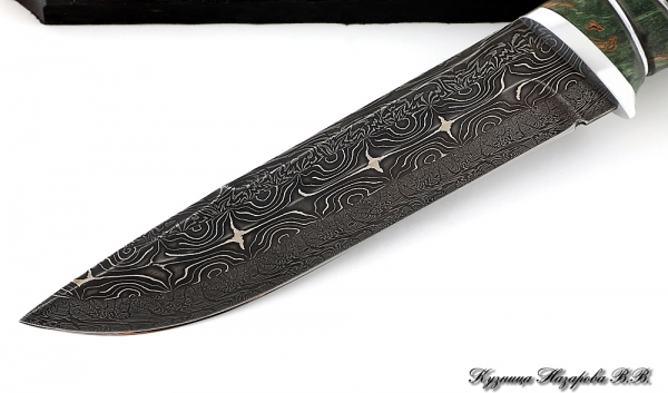 Knife Boar Damascus end carved black hornbeam stabilized Karelian birch (green)
