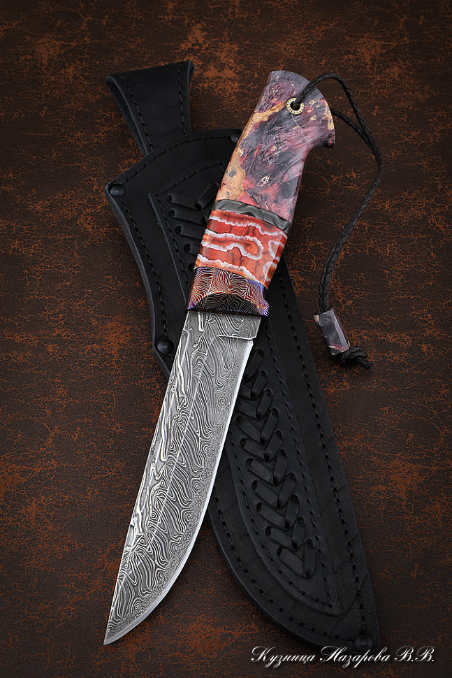 Нож Вепрь дамаск торцевой мокуме-гане карельская береза кость мамонта