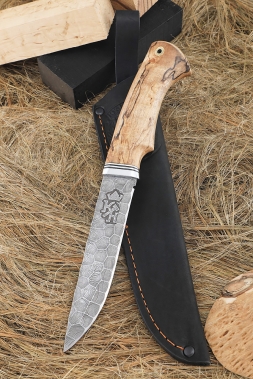 Knife Traveler Damascus full stone, handle stabilized Karelian birch