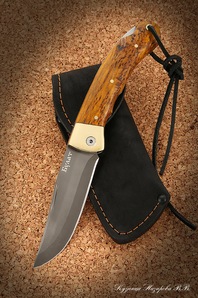 Нож складной Таежный сталь Булат  накладки стабилизированная карельская береза (янтарная)