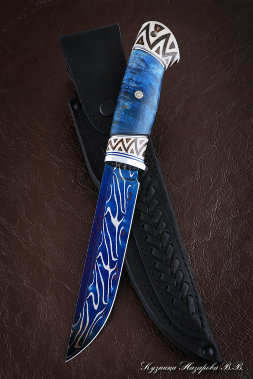 Нож Засапожный дамаск торцевой с воронением карельская береза рог лося (Sicac)
