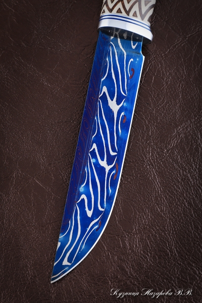 Нож Засапожный дамаск торцевой с воронением карельская береза рог лося (Sicac)