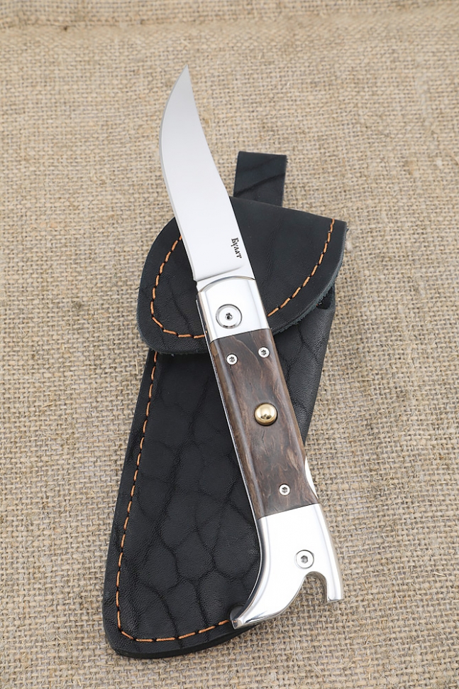 Нож Сапожок выкидной сталь булат накладки карельская береза коричневая