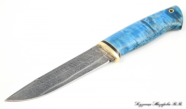 Нож Вепрь дамаск торцевой черный граб стабилизированная карельская береза (синяя)