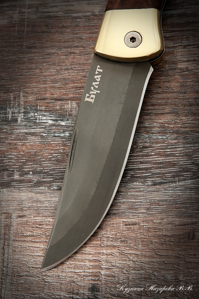 Folding knife Taiga steel Wootz steel lining stabilized Karelian birch (brown)