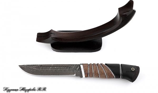 Knife Fighter Damascus end carved black hornbeam stabilized Karelian birch (brown)