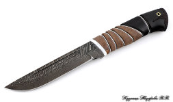 Knife Fighter Damascus end carved black hornbeam stabilized Karelian birch (brown)