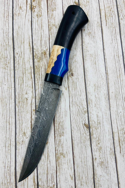 Нож "Сапер" сталь торцевой дамаск торцевой, рукоять гибрид: карельская береза янтарь и акрил синий, черный граб (распродажа)